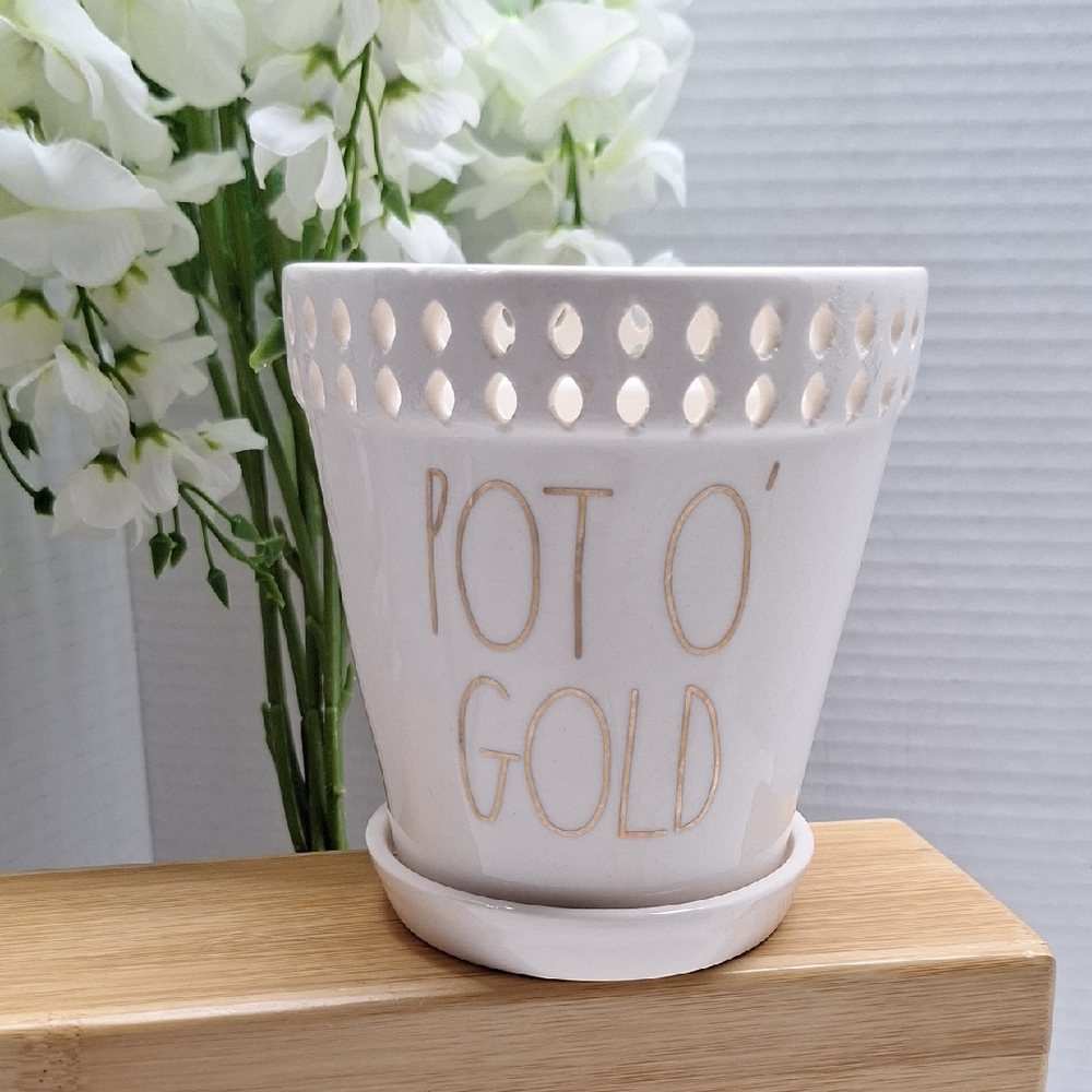 #ACY RAE DUNN Elegant White Pot O' Gold Planter